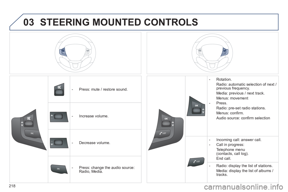PEUGEOT 2008 2013.5  Owners Manual 03
�� �
218
   -   Press:  mute  /  restore  sound.  
   -   Increase  volume.  
   -   Decrease  volume.  
   -   Press:  change  the  audio  source: Radio,  Media.  
   -   Rotation.  
  Radio: auto