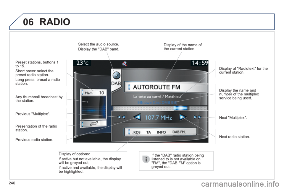 PEUGEOT 2008 2013.5  Owners Manual 06
246
  Display  of  options:  
if active but not available, the display will be greyed out,  
if active and available, the display will be  highlighted.  
  Display the name and number of the multip