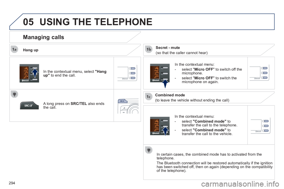 PEUGEOT 2008 2013.5  Owners Manual  
05
294
 USING THE TELEPHONE 
  Hang up 
  In the contextual menu: 
   -   select   "Combined mode"   to transfer the call to the telephone. 
  -   select   "Combined mode"   to transfer the call to 