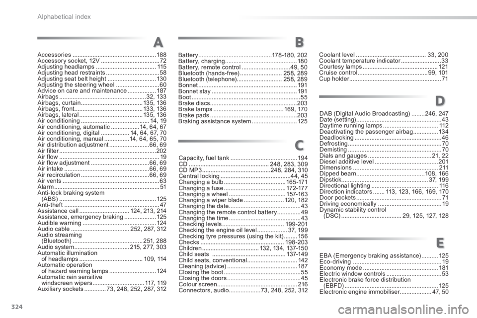 PEUGEOT 2008 2013.5  Owners Manual 324
Alphabetical index
Accessories ..................................................188Accessory socket, 12V ...................................72Adjusting headlamps .................................
