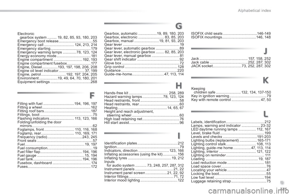 PEUGEOT 2008 2013.5  Owners Manual .
325
Alphabetical index
Filling with fuel ..............................19 4, 19 6, 197Fitting a wheel ...............................................162Fitting roof bars ............................