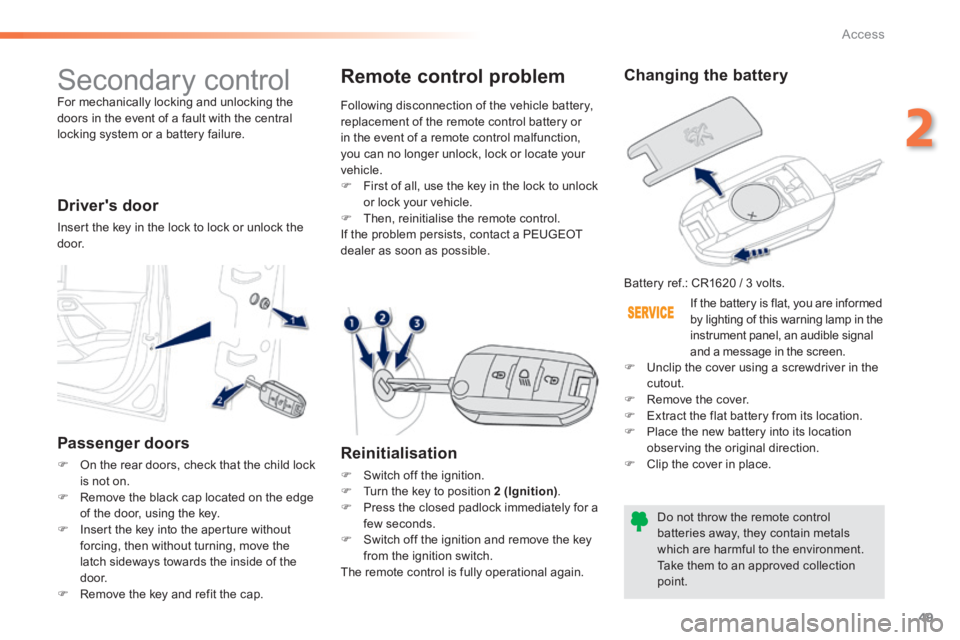 PEUGEOT 2008 2013.5 Workshop Manual 49
2
Access
 Secondary  control  For mechanically locking and unlocking the doors in the event of a fault with the central locking system or a battery failure.  
  Drivers  door 
 Insert the key in t