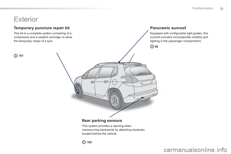 PEUGEOT 2008 2013.5  Owners Manual .
5
15156
102
Familiarisation
  Temporary puncture repair kit 
 This kit is a complete system consisting of a compressor and a sealant cartridge, to allow the temporary repair of a tyre.  
  Panoramic