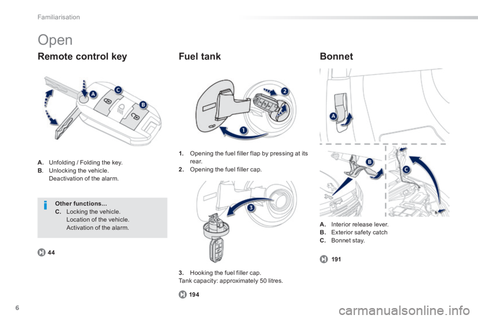 PEUGEOT 2008 2013.5  Owners Manual 6
194
44
191
Familiarisation
 Open 
A.   Unfolding / Folding the key. B .  Unlocking  the  vehicle  .  Deactivation of the alarm. 
  Remote  control  key   Bonnet 
1.   Opening the fuel filler flap by