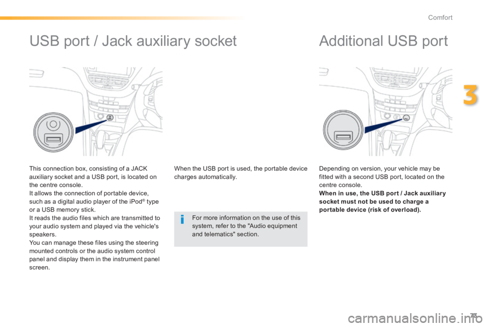 PEUGEOT 2008 2013.5 Manual PDF 73
3
Comfort
         Additional USB port 
  Depending on version, your vehicle may be fitted with a second USB port, located on the centre console. When in use, the USB por t / Jack auxiliar y socket