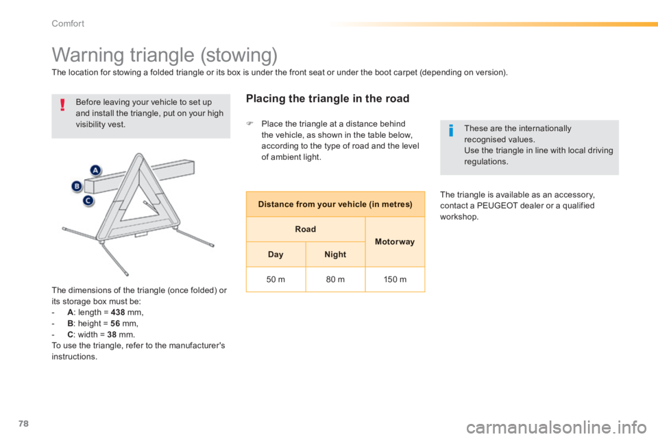 PEUGEOT 2008 2013.5 Manual PDF 78
Comfort
            Warning triangle (stowing) 
 Before leaving your vehicle to set up and install the triangle, put on your high visibility vest. 
  The dimensions of the triangle (once folded) or