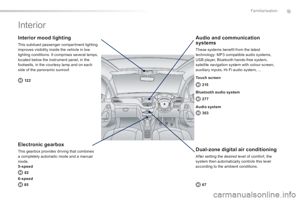 PEUGEOT 2008 2013.5  Owners Manual .
7
82 122277 215
303
85 67
Familiarisation
 Interior  
  Electronic  gearbox 
 This gearbox provides driving that combines a completely automatic mode and a manual mode. 5-speed
  Interior  mood  lig