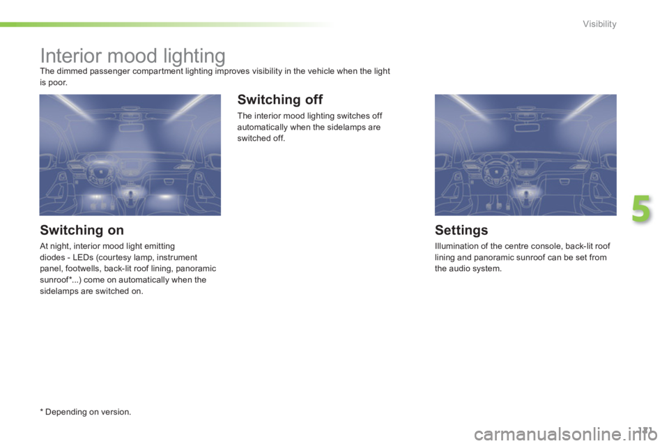 PEUGEOT 2008 2013 Owners Manual 121
5
Visibility
Interior mood lighting
The dimmed passenger compar tment lighting improves visibility in the vehicle when the light
is poor.
Switching on
At night, interior PEUGEOT 2008 2013 Owners Manual 121
5
Visibility
Interior mood lighting
The dimmed passenger compar tment lighting improves visibility in the vehicle when the light
is poor.
Switching on
At night, interior