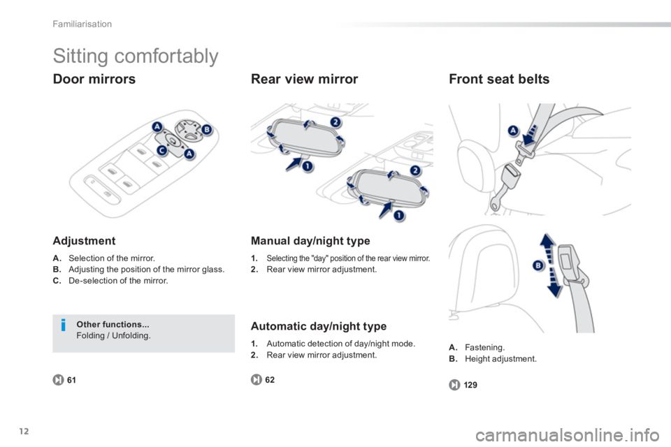 PEUGEOT 2008 2013 User Guide 12
Familiarisation
  Sitting comfortably 
Door mirrors 
Adjustment 
A. 
 Selection of the mirror.B.Adjusting the position of the mirror glass. C.De-selection of the mirror.
6
1
Other functions...  Fol