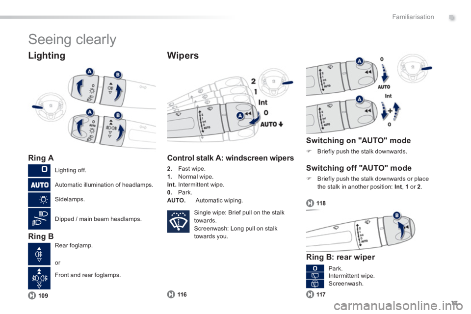 PEUGEOT 2008 2013 User Guide .
13
Familiarisation
  Seeing clearly 
 
 
Lighting
 
 Ring A
 
 Ring B
Wipers
109
Control stalk A: windscreen wipers 
2. 
  Fast wipe. 1.Normal wipe. 
Int.Intermittent wipe.0.Park.AUTO. Automatic wip