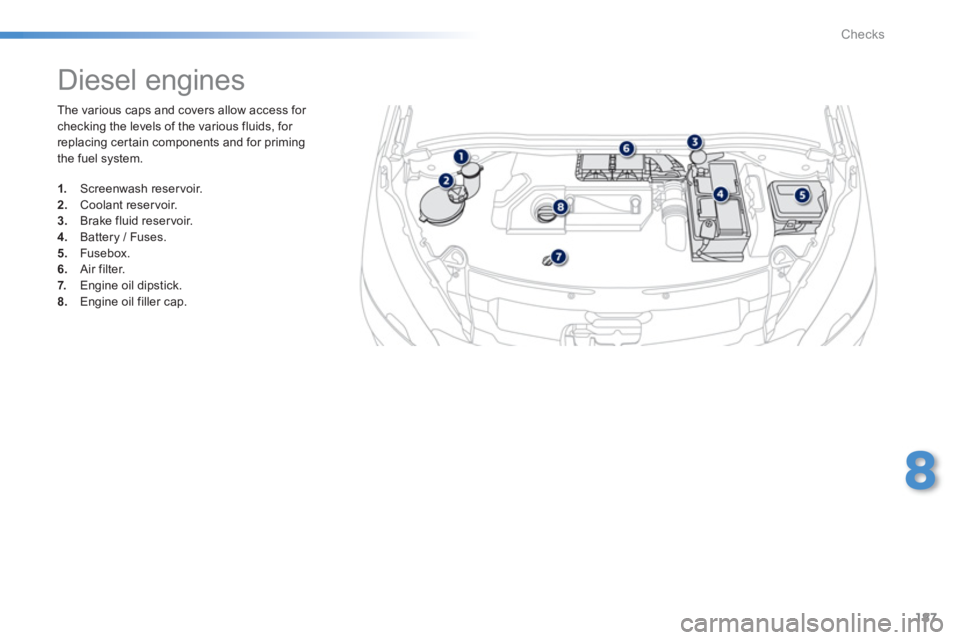 PEUGEOT 2008 2013  Owners Manual 187
8
Checks
  The various caps and covers allow access for checking the levels of the various fluids, for 
replacing cer tain components and for primingthe fuel system.
   
 
 
 
 
 
 
 
 
 
 
 
 
 
