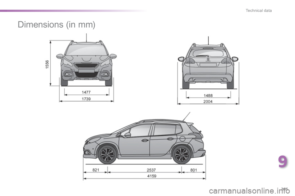 PEUGEOT 2008 2013  Owners Manual 9
205
Technical data
   
 
 
 
 
Dimensions (in mm)  