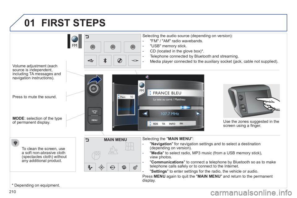 PEUGEOT 2008 2013  Owners Manual 01
210
   Press to mute the sound.
MOD
E: selection of the type 
of permanent display.      
 
Volume ad
justment (each source is independent, including TA messages and navigation instructions).
  Sel