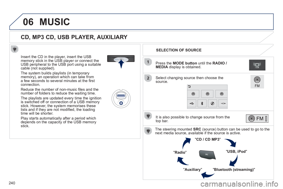 PEUGEOT 2008 2013  Owners Manual 06
240
   
 
 
 
 
 
 
 
 
 
 
 
 
 
CD, MP3 CD, USB PLAYER, AUXILIARY 
 
 
Insert the CD in the player, insert the USBmemory stick in the USB player or connect theUSB peripheral to the USB port using