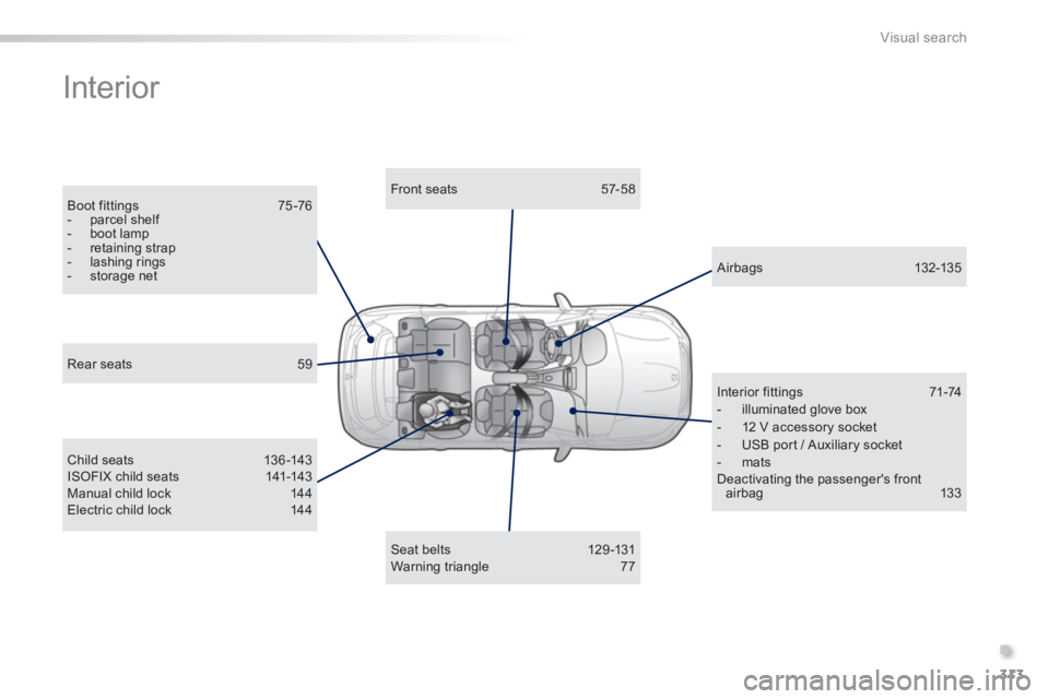 PEUGEOT 2008 2013  Owners Manual .
313
Visual search
  Interior  
Boot fittings 75 -76-  parcel shelf -  boot lamp-  retaining strap -  lashing rings -  storage net  
 
Front seats 57-58 
 
Child seats 136-143ISOFIX child seats  141-