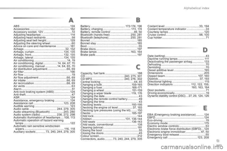 PEUGEOT 2008 2013  Owners Manual .
317
Alphabetical index
ABS ...............................................................124Accessories..................................................182Accessory socket, 12V....................