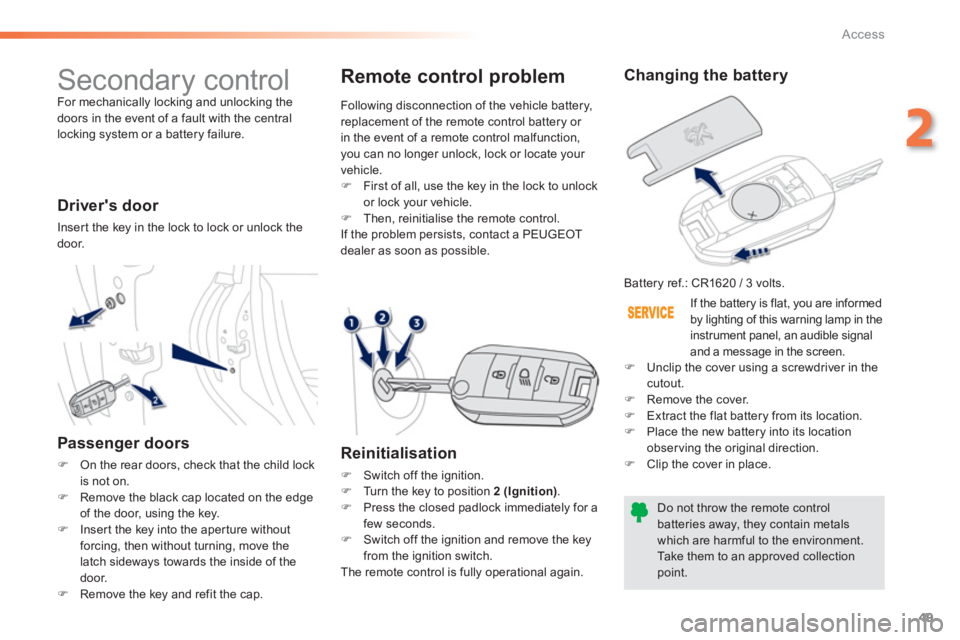 PEUGEOT 2008 2013 Workshop Manual 49
2
Access
  Secondary control  
For mechanically locking and unlocking the doors in the event of a fault with the central
locking system or a battery failure.  
 
 
Drivers door 
 
Inser t the key 