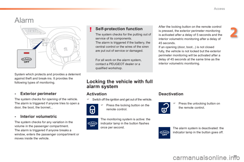 PEUGEOT 2008 2013  Owners Manual 51
2
Access
 System which protects and provides a deterrent
against theft and break-ins. It provides the
following types of monitoring.
   
 
 
 
 
Alarm 
 
 
- Exterior perimeter 
 
The system checks