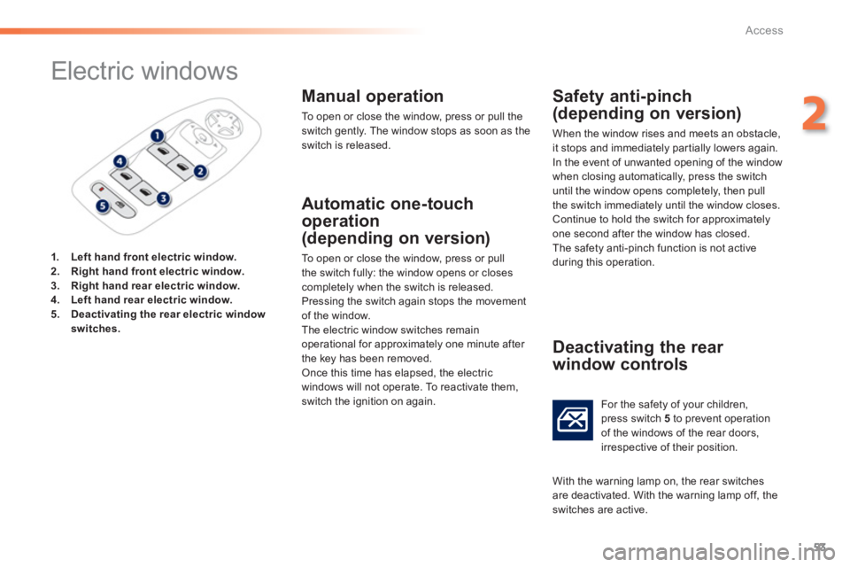 PEUGEOT 2008 2013  Owners Manual 53
2
Access
   
 
 
 
 
 
 
 
Electric windows 
1.Left hand front electric window.2.Right hand front electric window.3.Right hand rear electric window.4.Left hand rear electric window.5.Deactivating t