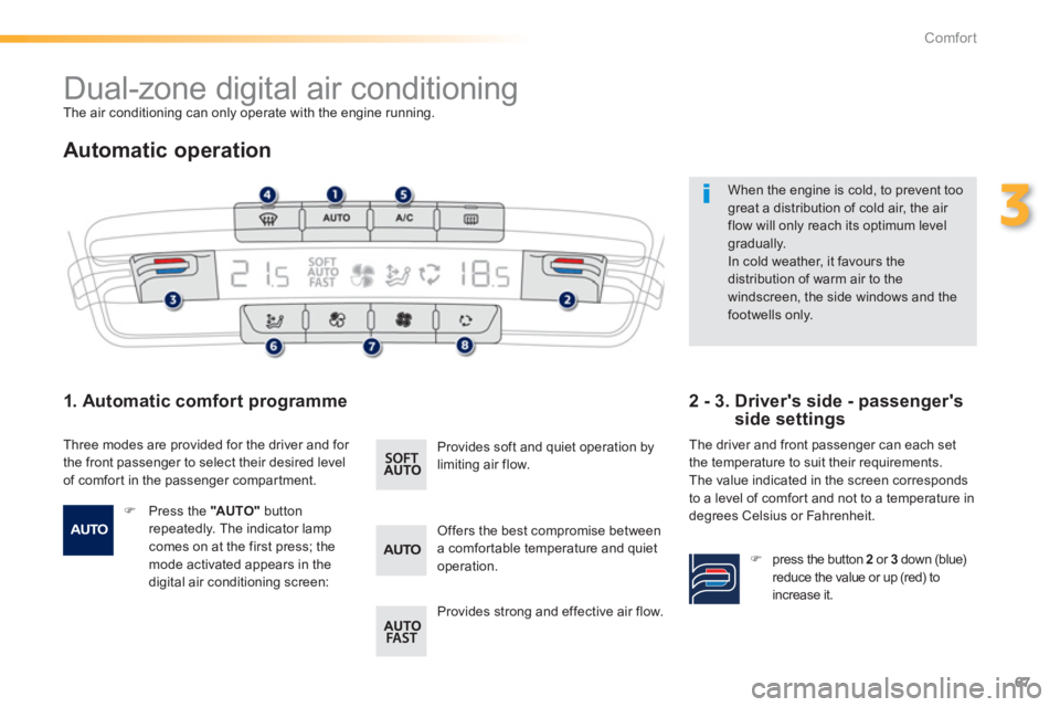 PEUGEOT 2008 2013  Owners Manual 67
3
Comfort
   
 
 
 
 
 
 
 
 
 
 
 
 
 
 
 
 
 
 
 
Dual-zone digital air conditioning  
The air conditioning can only operate with the engine running.
 
 
Automatic operation
 
 
1. Automatic comf