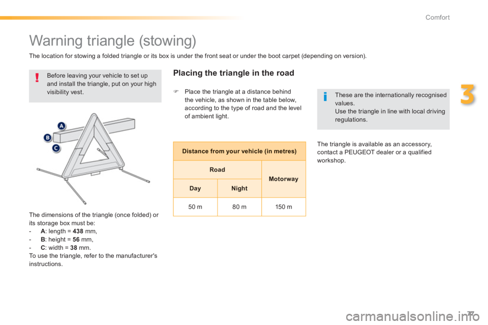 PEUGEOT 2008 2013 Manual PDF 77
3
Comfort
   
 
 
 
 
 
 
 
 
 
 
Warning triangle (stowing) 
 
Before leaving your vehicle to set up 
and install the triangle, put on your high visibility vest.
   
The dimensions o
f the triangl