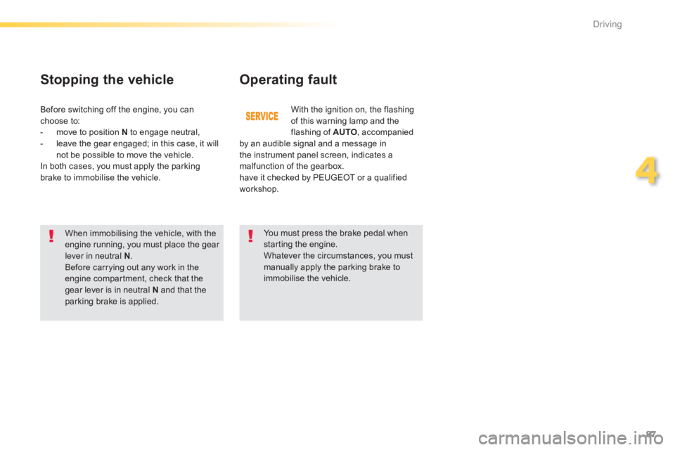 PEUGEOT 2008 2013 Manual Online 87
4
Driving
Operating fault 
   When immobilising the vehicle, with theengine running, you must place the gear lever in neutral  N 
.  
Before carrying out any work in theengine compar tment, check t