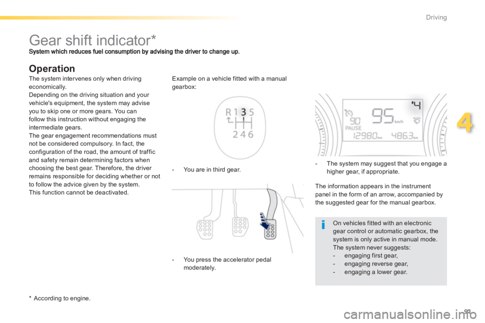 PEUGEOT 2008 2013 Owners Manual 91
4
Driving
   
 
 
 
 
 
 
 
Gear shift indicator *  
 
 
Operation
 
 * 
 
 According to engine.  -   You are in third gear. Example on a vehicle 
fitted with a manualgearbox:
-  
You press the acc