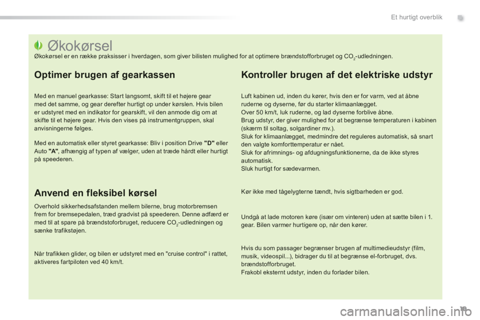 PEUGEOT 2008 2013 Brugsanvisning (in Danish) .
19
Et hur tigt overblik
Økokørsel Økokørsel er en række praksisser i hverdagen, som giver bilist PEUGEOT 2008 2013 Brugsanvisning (in Danish) .
19
Et hur tigt overblik
Økokørsel Økokørsel er en række praksisser i hverdagen, som giver bilist