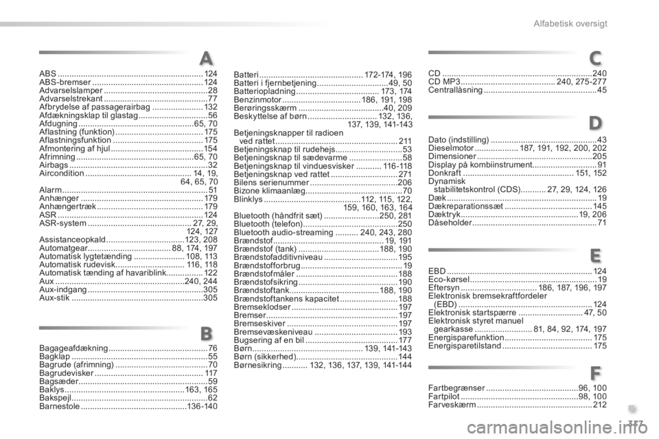 PEUGEOT 2008 2013  Brugsanvisning (in Danish) .
317
Alfabetisk oversigt
ABS ............................................................... 124ABS-bremser................................................r124Advarselslamper.........................