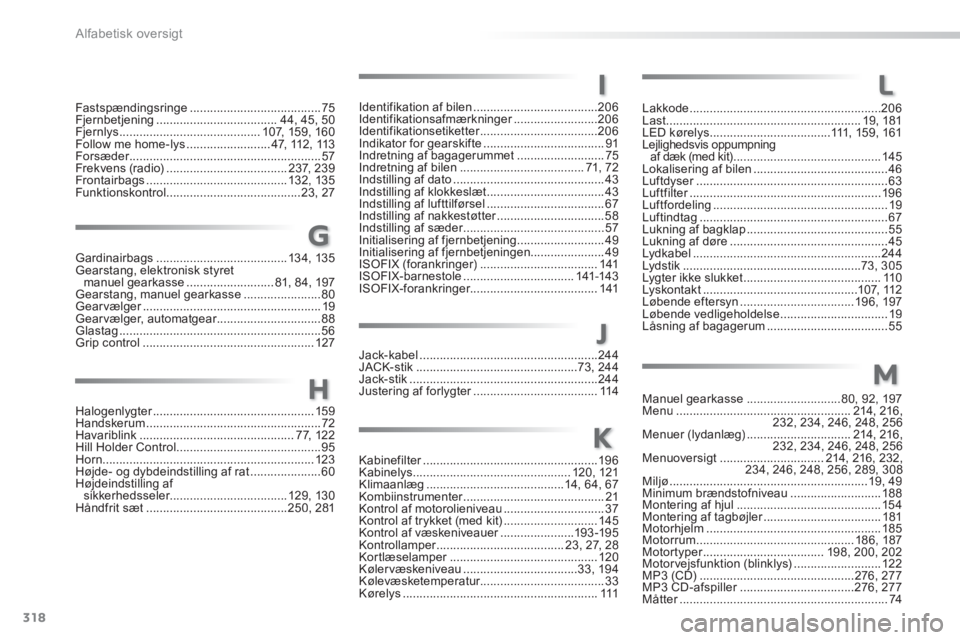 PEUGEOT 2008 2013  Brugsanvisning (in Danish) 318
Alfabetisk oversigt
Fastspændingsringe.......................................75Fjernbetjening....................................44, 45, 50Fjernlys..........................................107,15