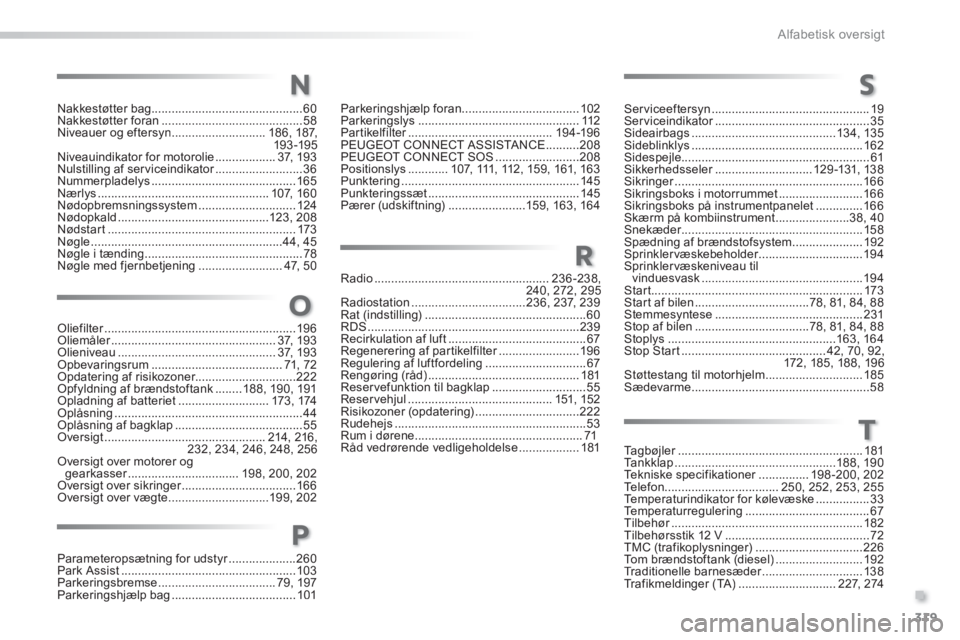 PEUGEOT 2008 2013  Brugsanvisning (in Danish) .
319
Alfabetisk oversigt
Nakkestøtter bag .............................................60Nakkestøtter foran..........................................58Niveauer og eftersyn..........................