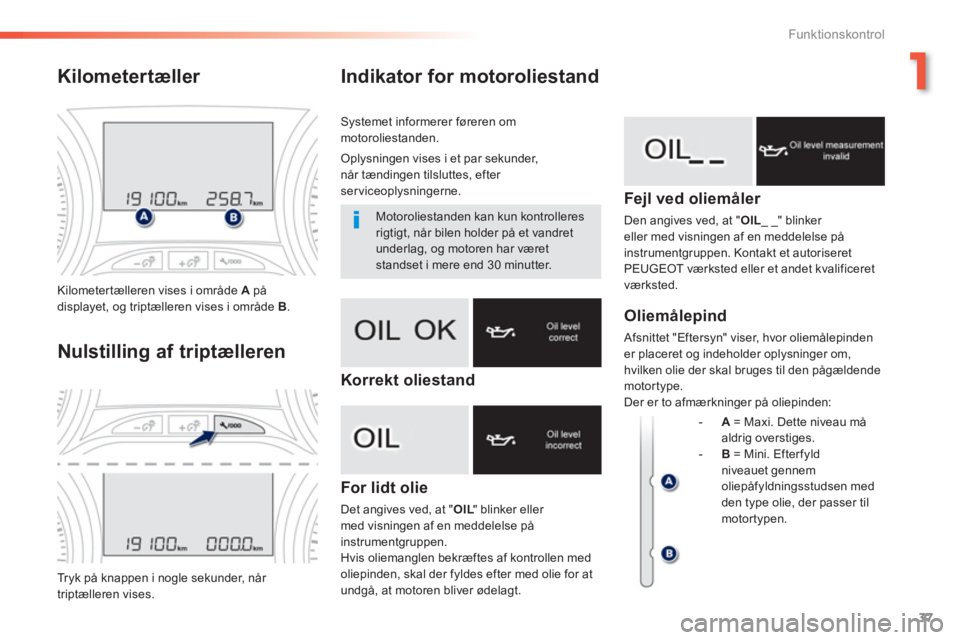 PEUGEOT 2008 2013  Brugsanvisning (in Danish) 1
37
Funktionskontrol
Indikator for motoroliestand
For lidt olie
Det angives ved, at " OIL" blinker eller LLmed visningen af en meddelelse påinstrumentgruppen.
Hvis oliemanglen bekræftes af kontroll
