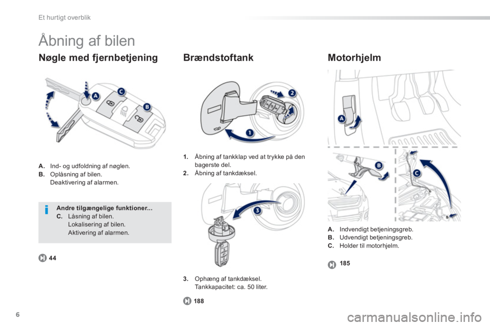 PEUGEOT 2008 2013  Brugsanvisning (in Danish) 6
Et hur tigt overblik
  Åbning af bilen 
A. 
   Ind- og udfoldning af nøglen .B .  Oplåsning af bilen  
.
Deaktivering af alarmen.
Nøgle med fjernbetjening   
Motorhjelm 
188
1.Åbning af tankkla