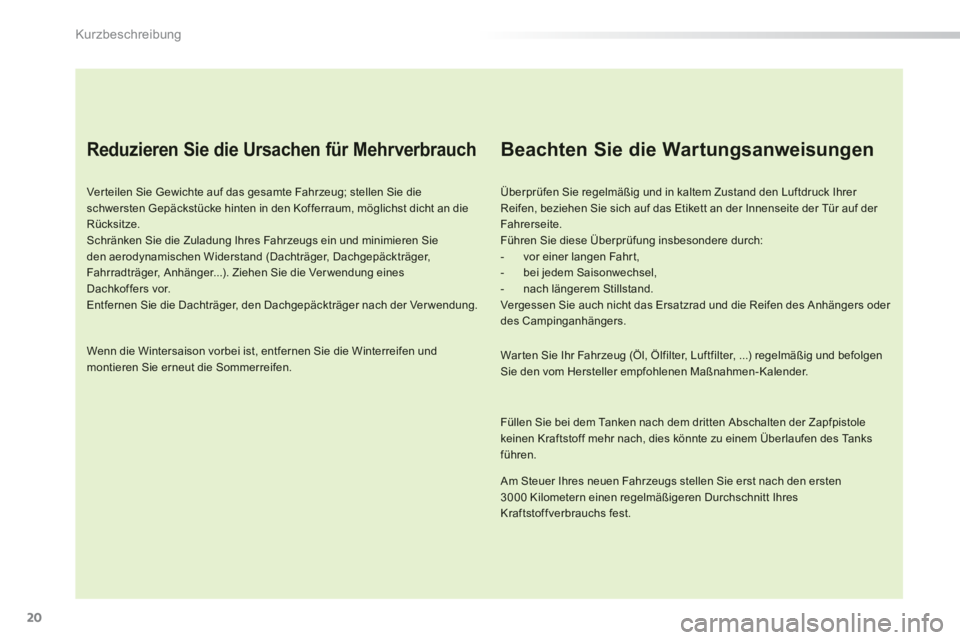 PEUGEOT 2008 2013  Betriebsanleitungen (in German) 20
Kurzbeschreibung
   
Reduzieren Sie die Ursachen für Mehrverbrauch
 
 
Ver teilen Sie Gewichte auf das gesamte Fahrzeug; stellen Sie die schwersten Gepäckstücke hinten in den Kofferraum, möglic