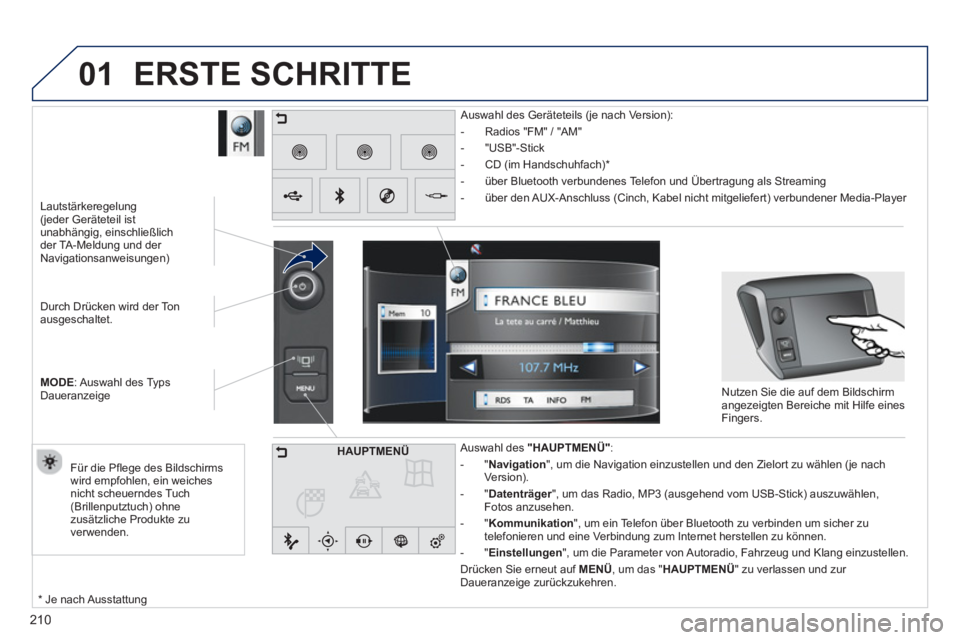 PEUGEOT 2008 2013  Betriebsanleitungen (in German) 01
210
   
Durch Drücken wird der Ton 
ausgeschaltet.  
MODE 
: Auswahl  des T
yps
Daueranzeige    
 
Lautstärkeregelung(jeder Geräteteil ist unabhängig, einschließlich 
der TA-Meldung und der 
N