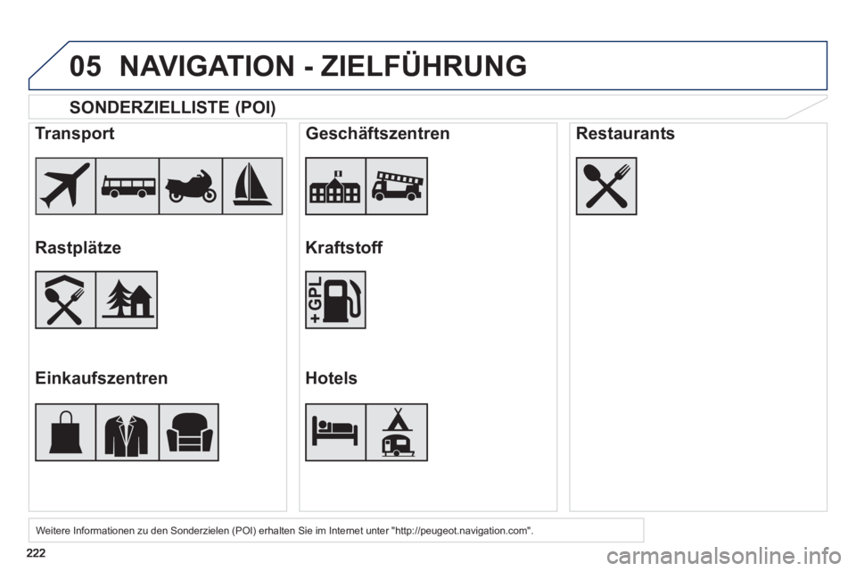 PEUGEOT 2008 2013 Betriebsanleitungen (in German) 05
SONDERZIELLISTE (POI)
Weitere Informationen zu den Sonderzielen (POI) erhalten Sie im Internet unter "http://peugeot.navigation.com".
Transport
Rastplätze
Einkaufszentren PEUGEOT 2008 2013 Betriebsanleitungen (in German) 05
SONDERZIELLISTE (POI)
Weitere Informationen zu den Sonderzielen (POI) erhalten Sie im Internet unter "http://peugeot.navigation.com".
Transport
Rastplätze
Einkaufszentren