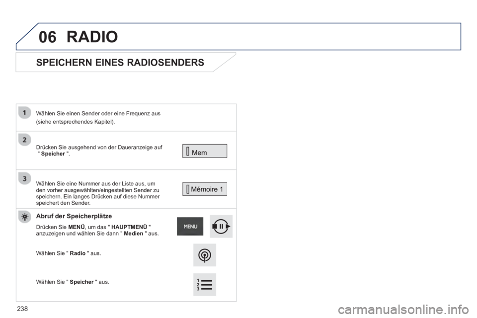 PEUGEOT 2008 2013  Betriebsanleitungen (in German) 06
   
 
 
 
 
SPEICHERN EINES RADIOSENDERS 
 
Drücken Sie ausgehend von der Daueranzeige auf"Speicher".r
 
 
Wählen Sie einen Sender oder eine Frequenz aus
(siehe entsprechendes Kapitel).  
 
Wähl