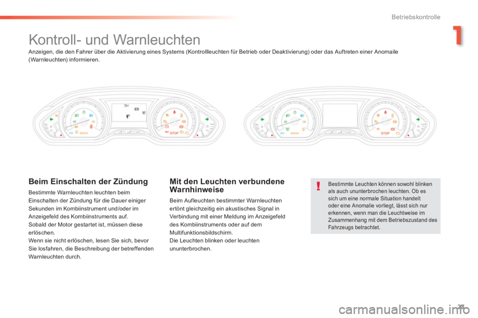 PEUGEOT 2008 2013  Betriebsanleitungen (in German) 1
23
Betriebskontrolle
   
 
 
 
 
 
 
 
Kontroll- und Warnleuchten 
 
Bestimmte Leuchten können sowohl blinken als auch ununterbrochen leuchten. Ob essich um eine normale Situation handeltoder eine 