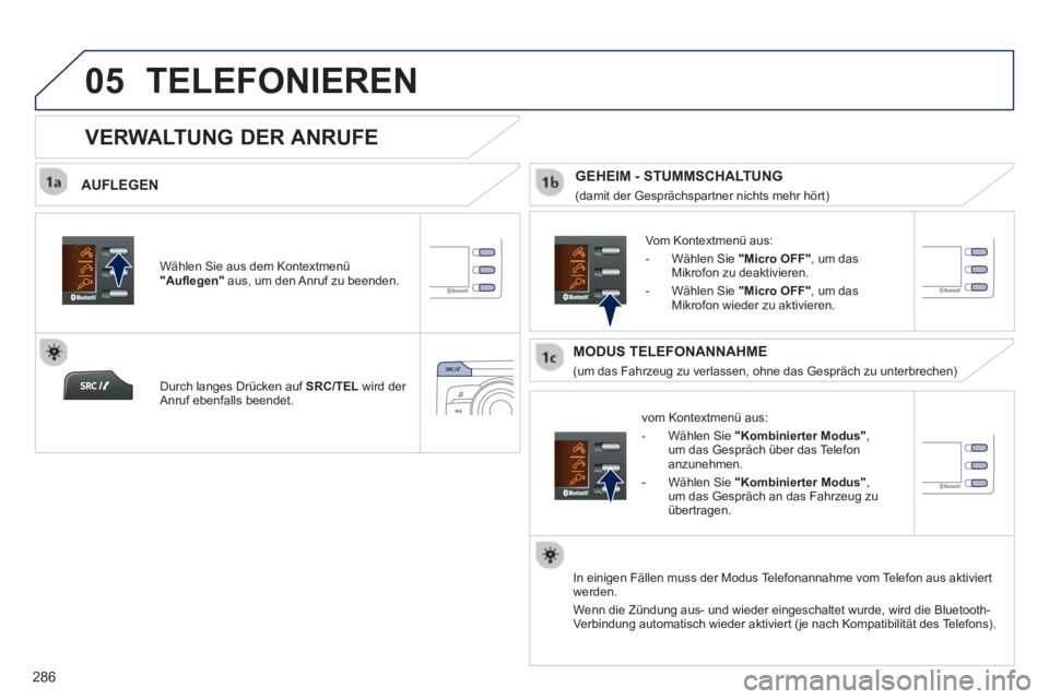PEUGEOT 2008 2013 Betriebsanleitungen (in German)
05
286
TELEFONIEREN
AUFLEGEN
vom Kontextmenü aus:
- Wählen
Sie "Kombinierter Modus",
um das Gespräch über das Telefonanzunehmen.
- Wählen Sie
"Kombinierter Modus",
um d PEUGEOT 2008 2013 Betriebsanleitungen (in German)
05
286
TELEFONIEREN
AUFLEGEN
vom Kontextmenü aus:
- Wählen
Sie "Kombinierter Modus",
um das Gespräch über das Telefonanzunehmen.
- Wählen Sie
"Kombinierter Modus",
um d