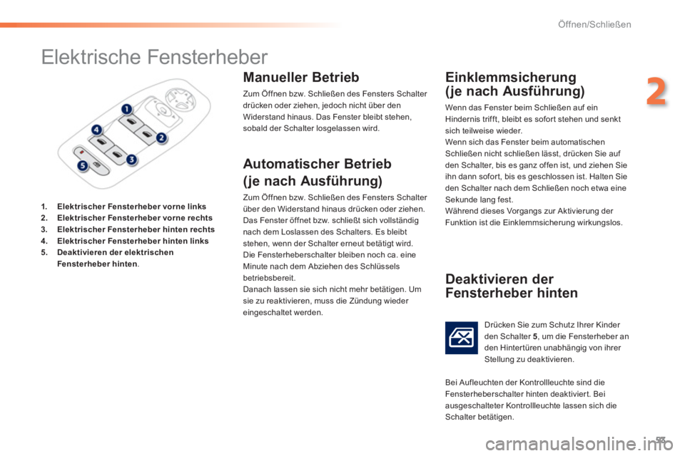PEUGEOT 2008 2013  Betriebsanleitungen (in German) 53
2
Öffnen/Schließen
   
 
 
 
 
 
 
 
Elektrische Fensterheber 
1.Elektrischer Fensterheber vorne links
2.Elektrischer Fensterheber vorne rechts3.    Elektrischer Fensterheber hinten rechts4.Elekt