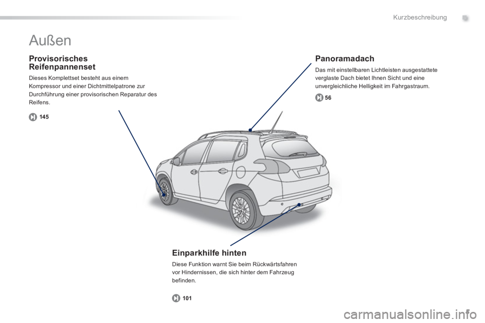 PEUGEOT 2008 2013  Betriebsanleitungen (in German) .
5
Kurzbeschreibung
   
Provisorisches
Reifenpannenset
  Dieses Komplettset besteht aus einemKompressor und einer Dichtmittelpatrone zur 
Durchführung einer provisorischen Reparatur des
Reifens.
145