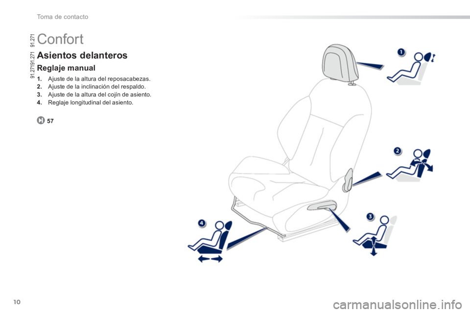 PEUGEOT 2008 2013  Manual del propietario (in Spanish) 10
To m a  d e  c o n t a c t o
  Confort 
Asientos delanteros
57
Reglaje manual
1. 
 Ajuste de la altura del reposacabezas.2. 
 Ajuste de la inclinación del respaldo.3.Ajuste de la altura del cojín
