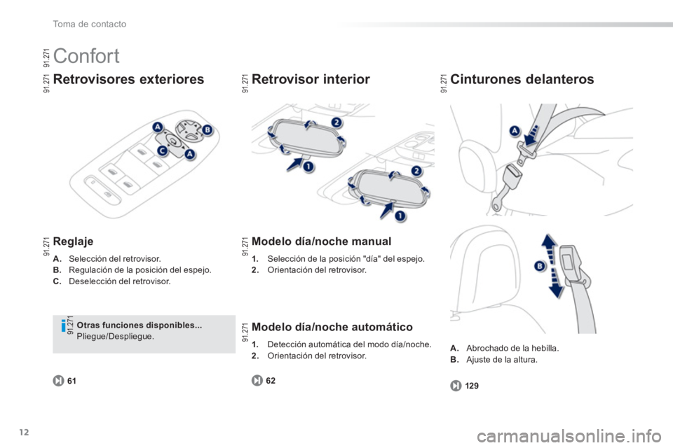 PEUGEOT 2008 2013  Manual del propietario (in Spanish) 12
To m a  d e  c o n t a c t o
  Confort 
Retrovisores exteriores
Reglaje 
A. 
 Selección del retrovisor.B.Regulación de la posición del espejo. C.Deselección del retrovisor.  
 
6
1
Otras funcio