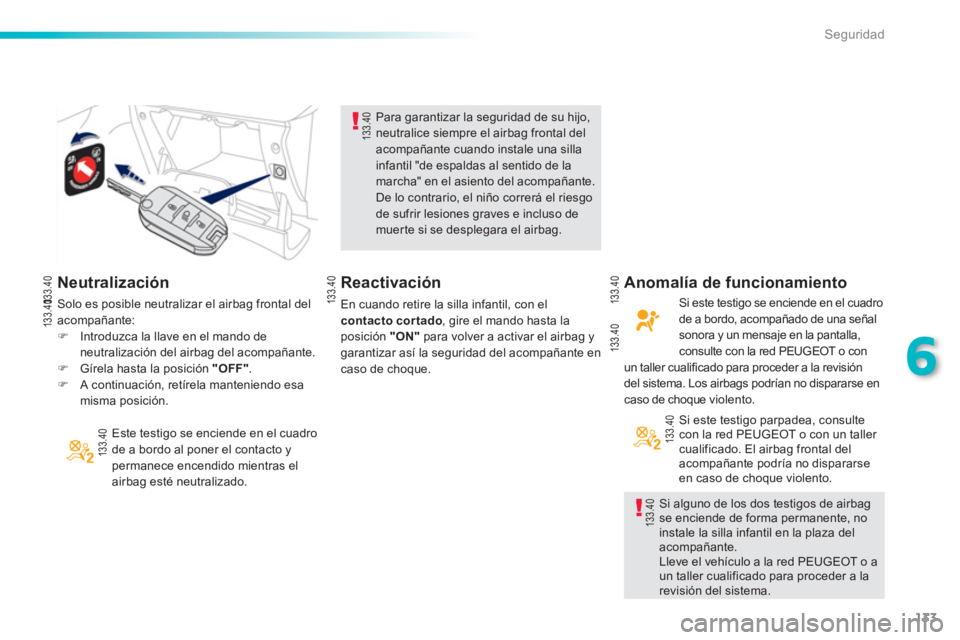 PEUGEOT 2008 2013  Manual del propietario (in Spanish) 133
6
Seguridad
   
Neutralización
Este testigo se enciende en el cuadrode a bordo al poner el contacto ypermanece encendido mientras el airbag esté neutralizado.
Para garantizar la seguridad de su 