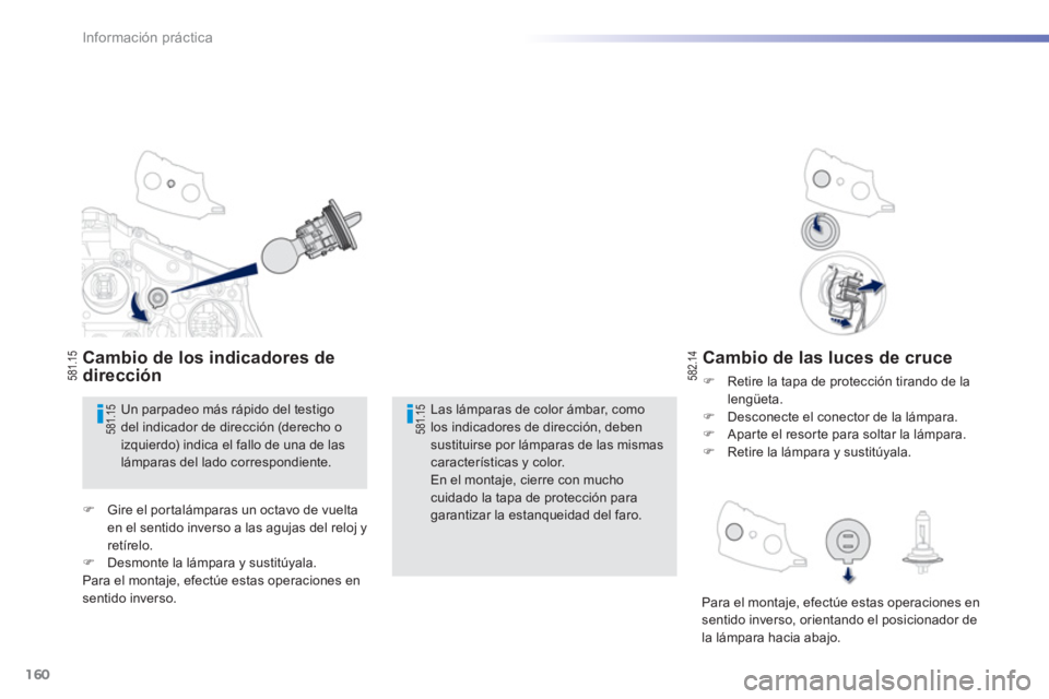 PEUGEOT 2008 2013  Manual del propietario (in Spanish) 160
Información práctica
Cambio de las luces de cruce
�)    Retire la tapa de protección tirando de la lengüeta. �) 
  Desconecte el conector de la lámpara. �) 
 Apar te el resor te para soltar l
