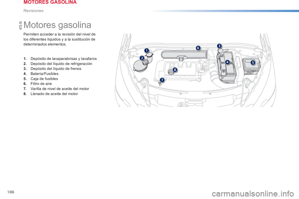 PEUGEOT 2008 2013  Manual del propietario (in Spanish) 186
Revisiones
Permiten acceder a la revisión del nivel delos diferentes líquidos y a la sustitución dedeterminados elementos.
   
 
 
 
 
 
 
 
 
 
 
 
 
 
Motores gasolina 
1. 
 Depósito de lava