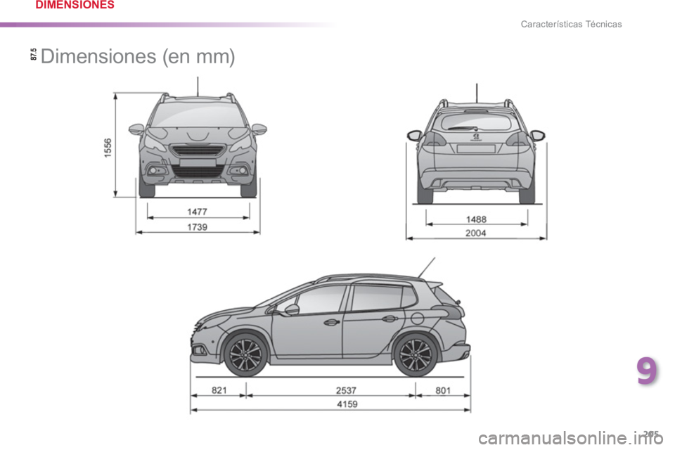 PEUGEOT 2008 2013  Manual del propietario (in Spanish) 9
205
Características Técnicas
   
 
 
 
 
Dimensiones (en mm) 
 
DIMENSIONES  