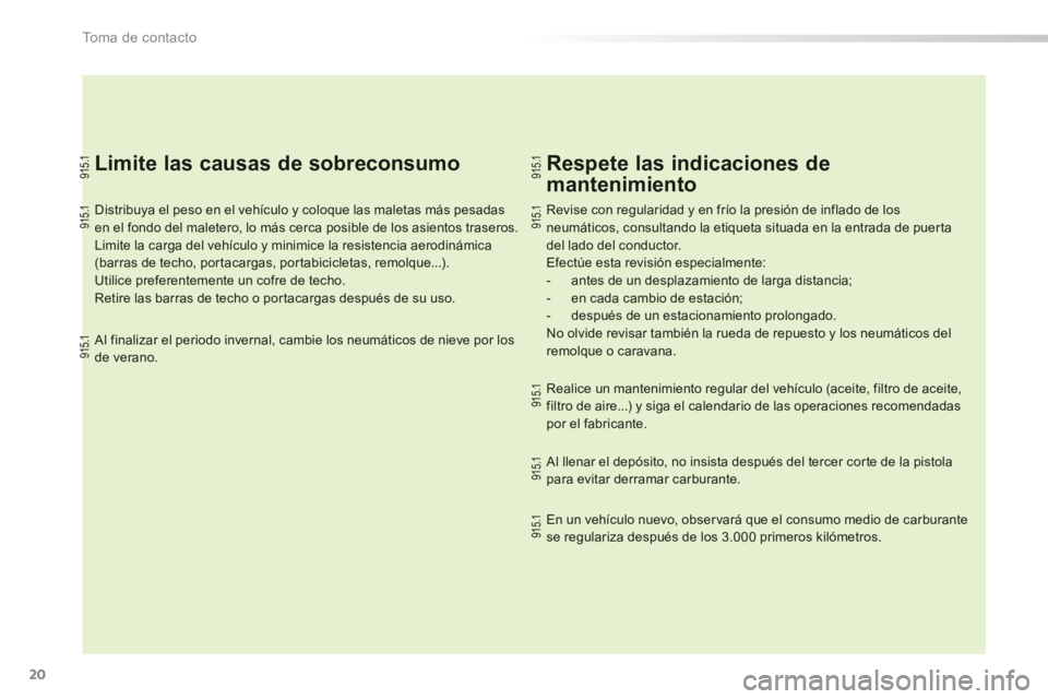 PEUGEOT 2008 2013  Manual del propietario (in Spanish) 20
To m a  d e  c o n t a c t o
   
Limite las causas de sobreconsumo
 
 
Distribuya el peso en el vehículo y coloque las maletas más pesadasen el fondo del maletero, lo más cerca posible de los as