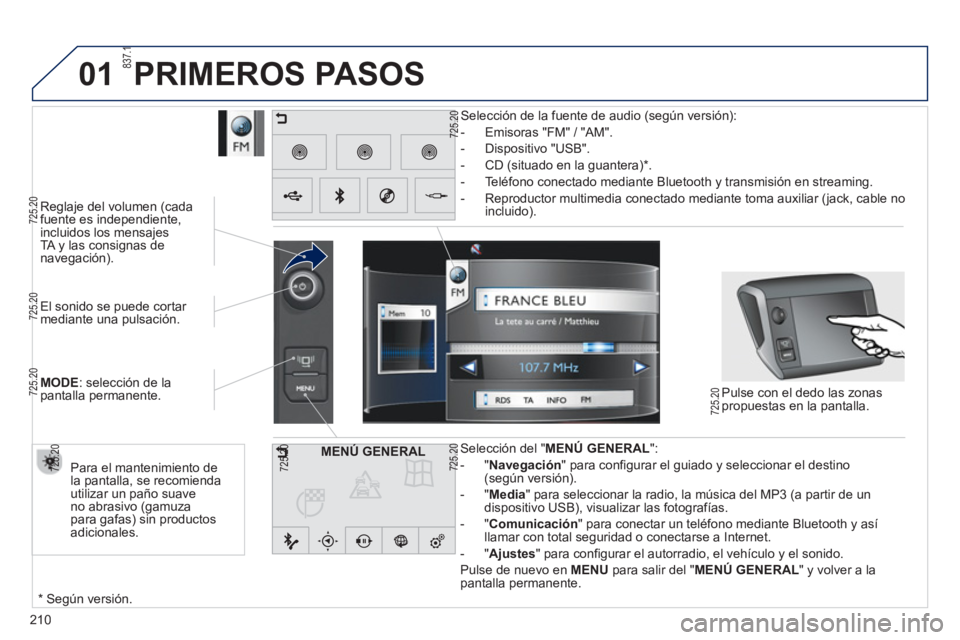 PEUGEOT 2008 2013  Manual del propietario (in Spanish) 01
210
   
El sonido se puede cortar mediante una pulsación.
MOD
E: selección de la pantalla permanente.      
 
Reglaje del volumen 
(cada fuente es independiente, 
incluidos los mensajesTA y las c