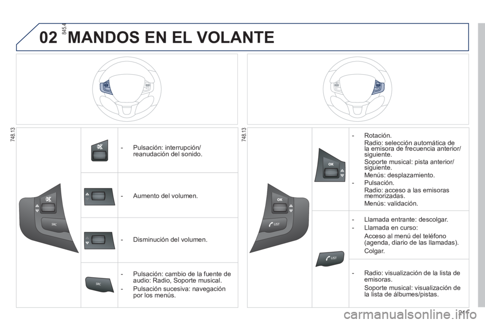 PEUGEOT 2008 2013  Manual del propietario (in Spanish) 02

211
   
 
 
 
-  Pulsación: interrupción/reanudación del sonido. 
   
 
-  A
umento del volumen.
   
 
-  Di
sminución del volumen.  
   
 
-  P
ulsación: cambio de la fuente de audio: Rad